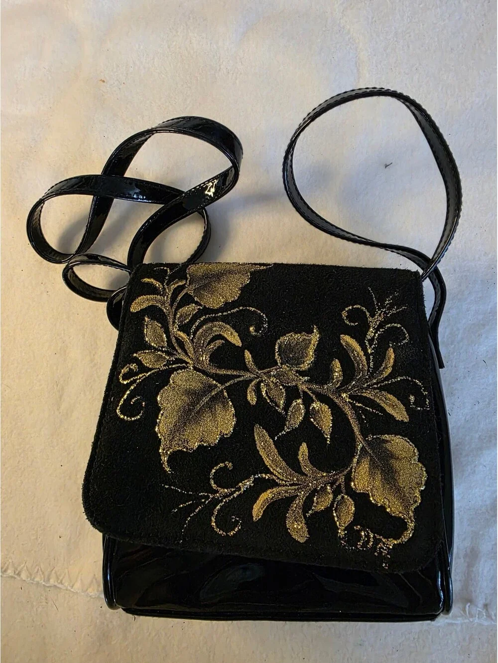 Vintage Maggie Lawrence Black Gold Floral Mini Crossbody Bag Patent 90s
